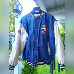 Vintage 90s Denim Disney Mickey & Friends Bomber Varsity Jacket Size Large